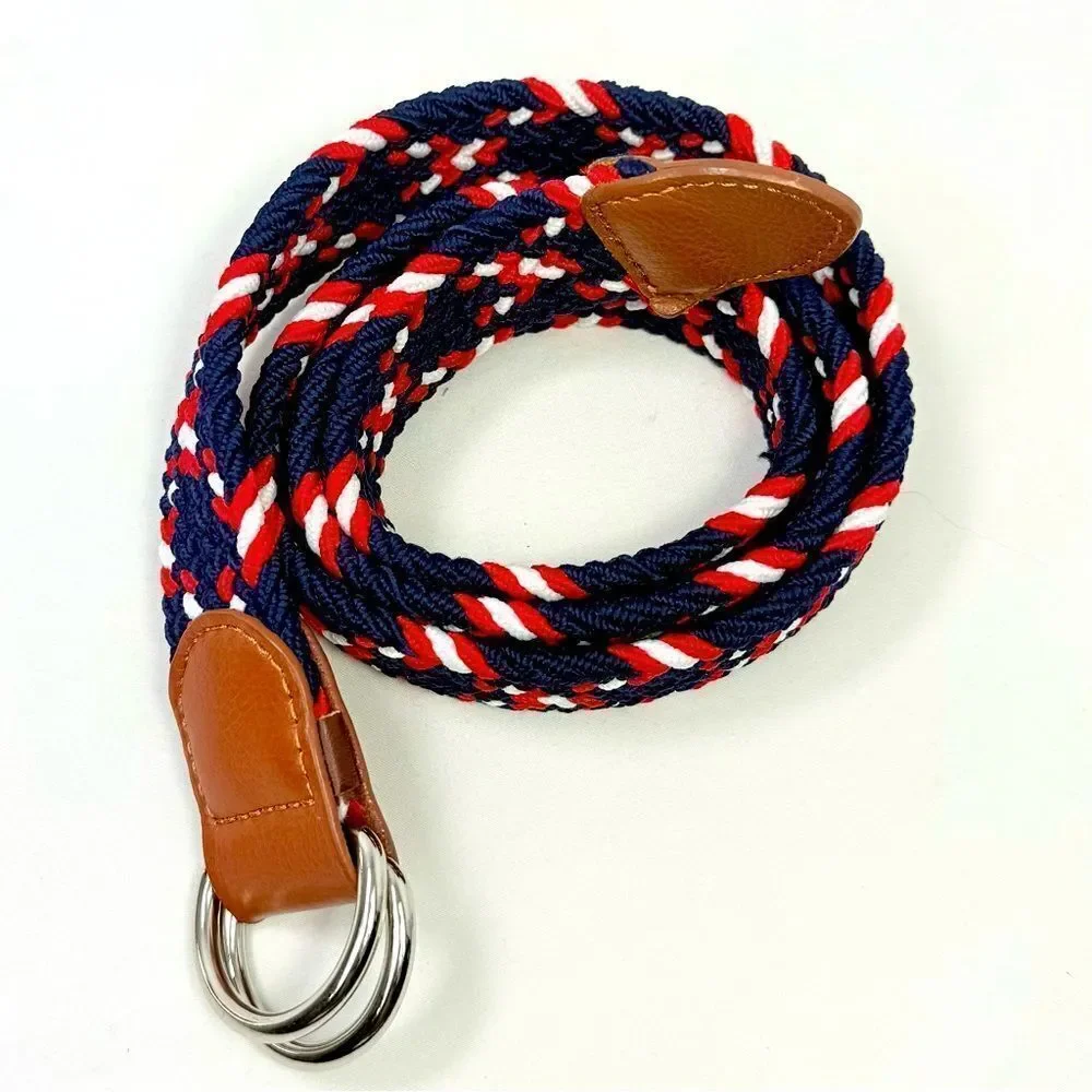 Dibi Red Blue White Woven Leather Tip D Buckle Stretch Nautical Coastal Belt
